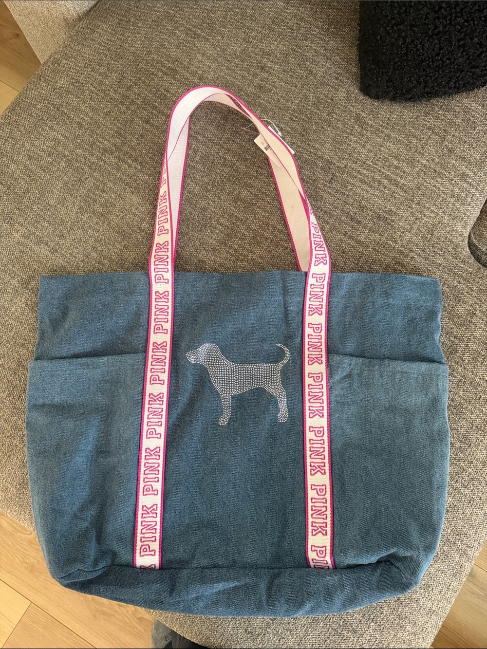 PINK Victoria's Secret Blue Denim Tote with Pink Logo Straps